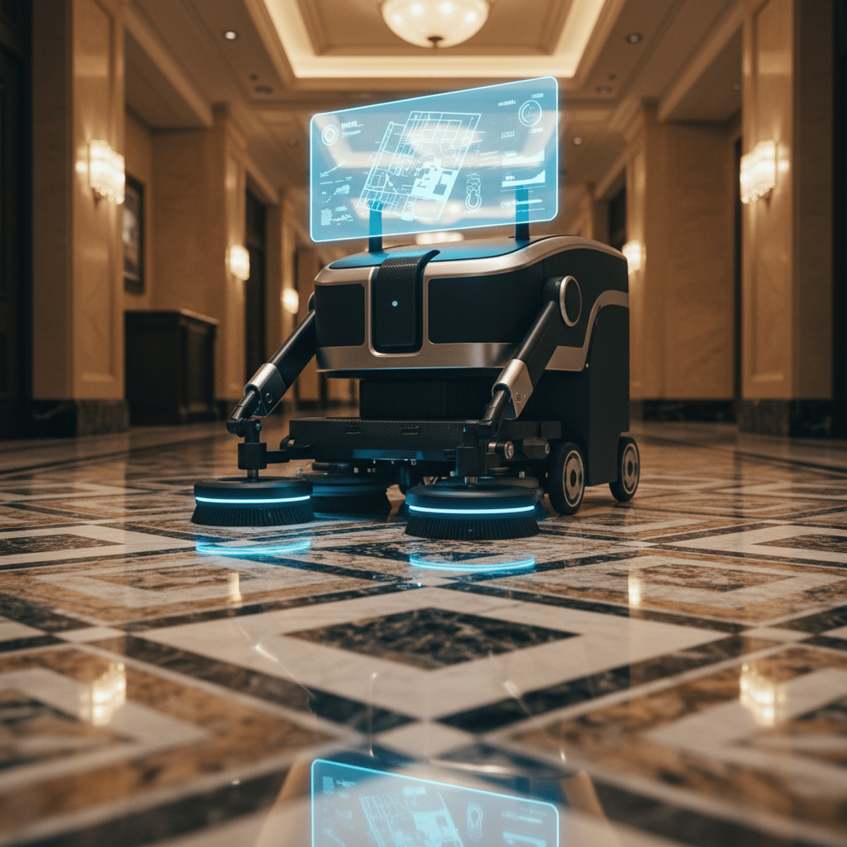 High-tech robotic tile and grout cleaning machine in action. Advanced robotic cleaner with articulated arms scrubbing hotel grout patterns.