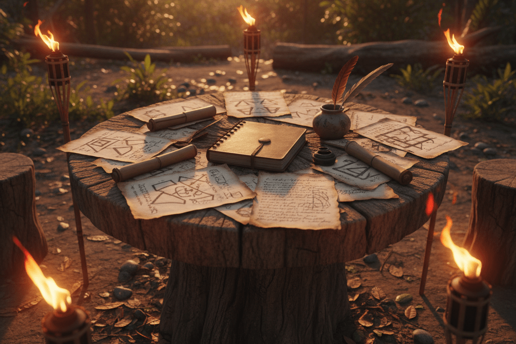 Wooden table with handwritten notes, parchment papers, and symbolic diagrams under warm ambient light, evoking themes of strategy and betrayal