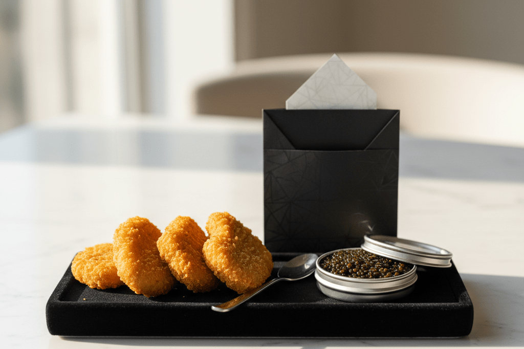 Medium shot of chicken nuggets and caviar on marble countertop, symbolizing high-low culinary trend