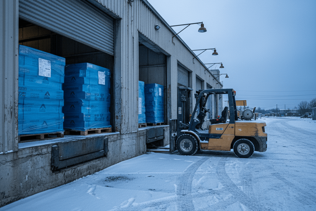 Medium shot of a quiet, snow-covered industrial loading dock with pallets and idle forklift under overcast winter light