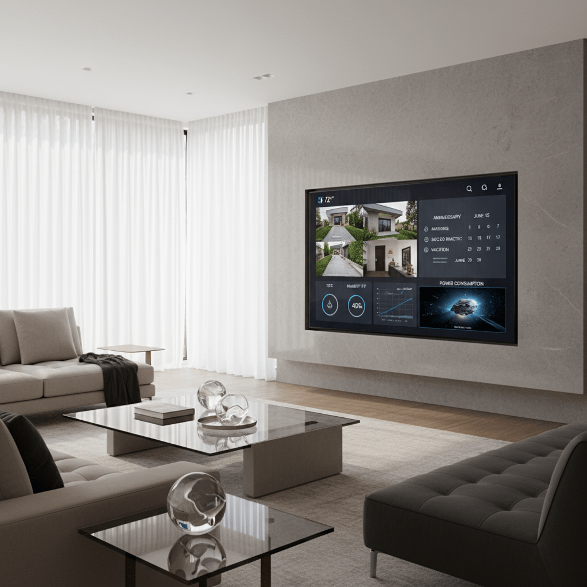 Luxurious modern living room displaying a smart home dashboard on an ultra-slim TV.