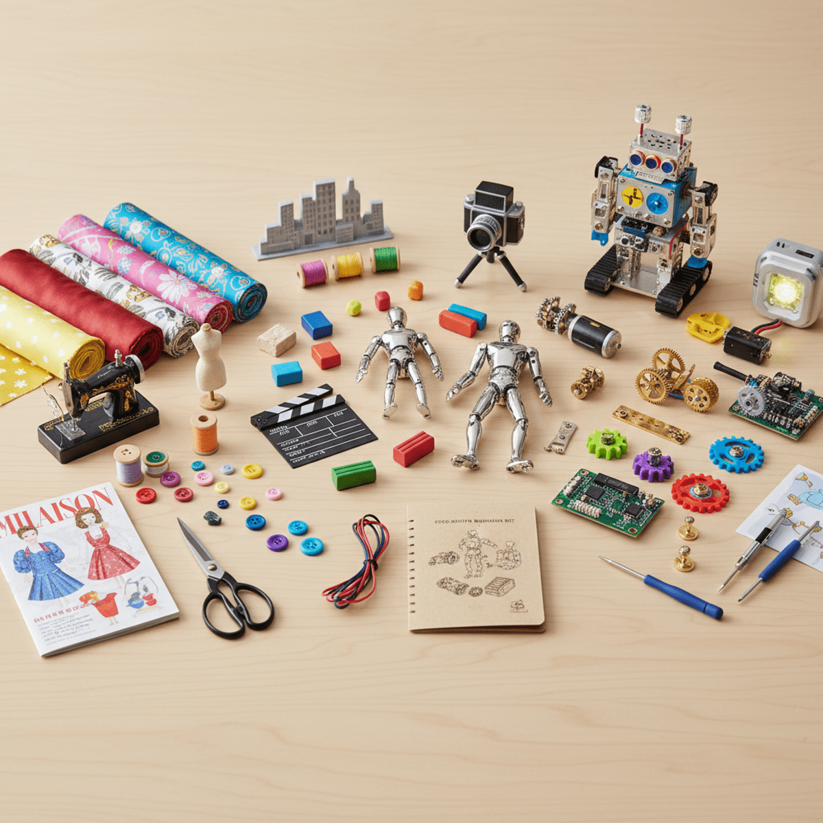 Flat lay of creative DIY kits for kids on a wooden table.