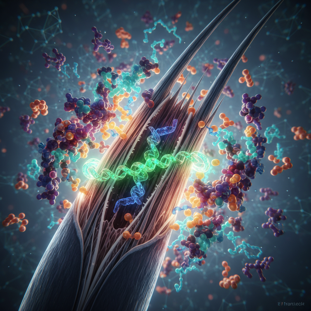 Microscopic hair repair: disulfide bonds reconnecting, amino acids visible. Microscopic view of damaged hair strands reconnecting disulfide bonds with colorful molecules.