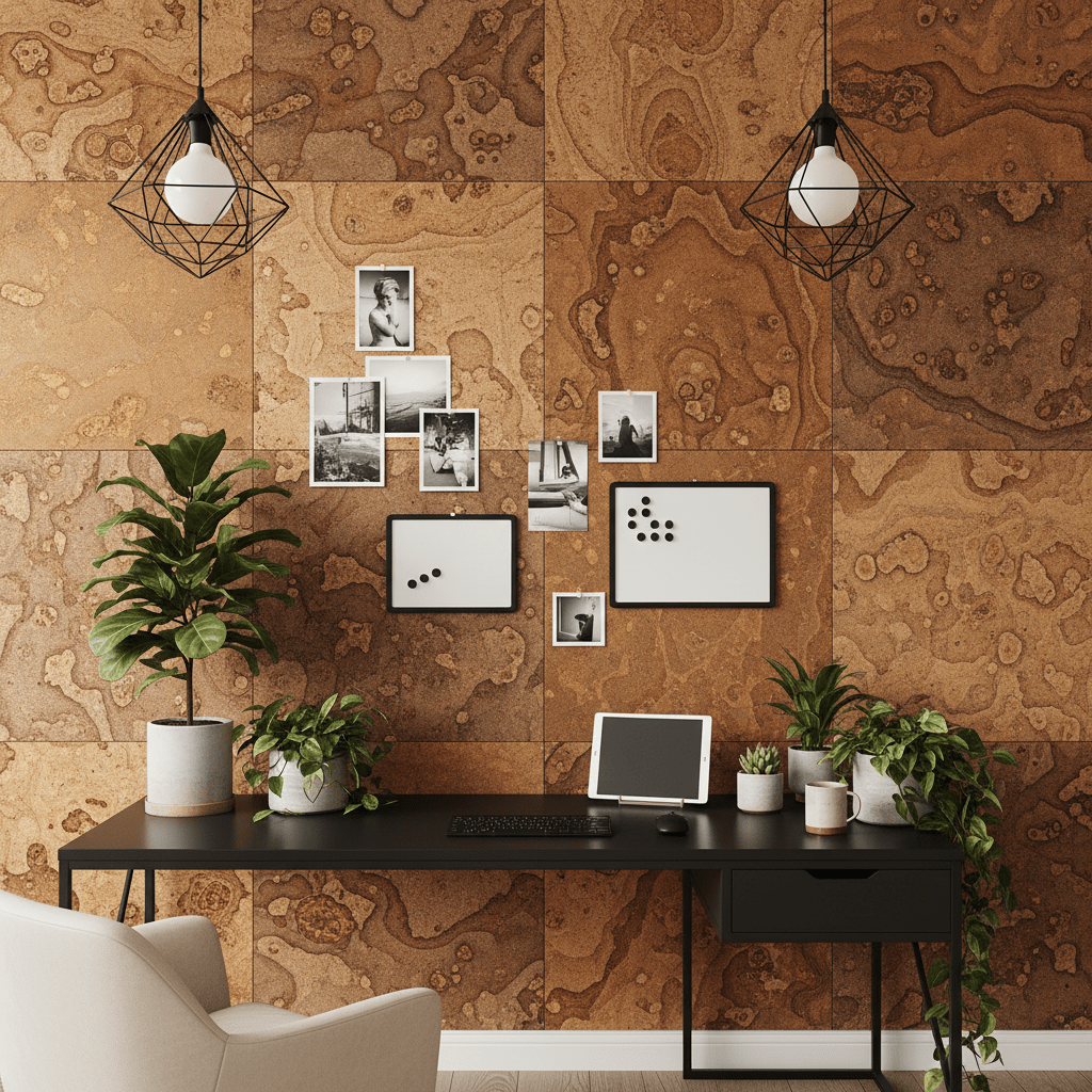 Cork-textured magnetic wall in a modern home office. Contemporary home office accent wall with cork-textured magnetic stickers.