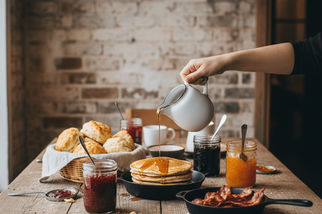 Medium shot of a rustic wooden table with classic American breakfast foods under warm ambient lighting, no people or branding visible