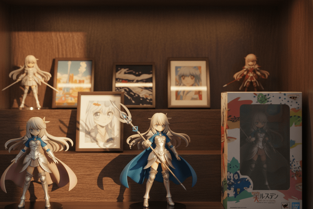Close-up view of high-quality anime merchandise arranged elegantly under natural warm lighting to evoke fan passion and retail sophistication