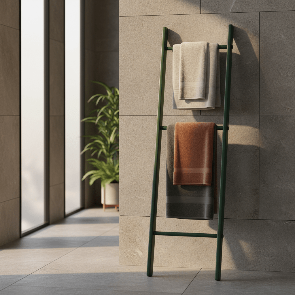 Powder-coated forest green ladder as a unique towel rack in a modern bathroom.