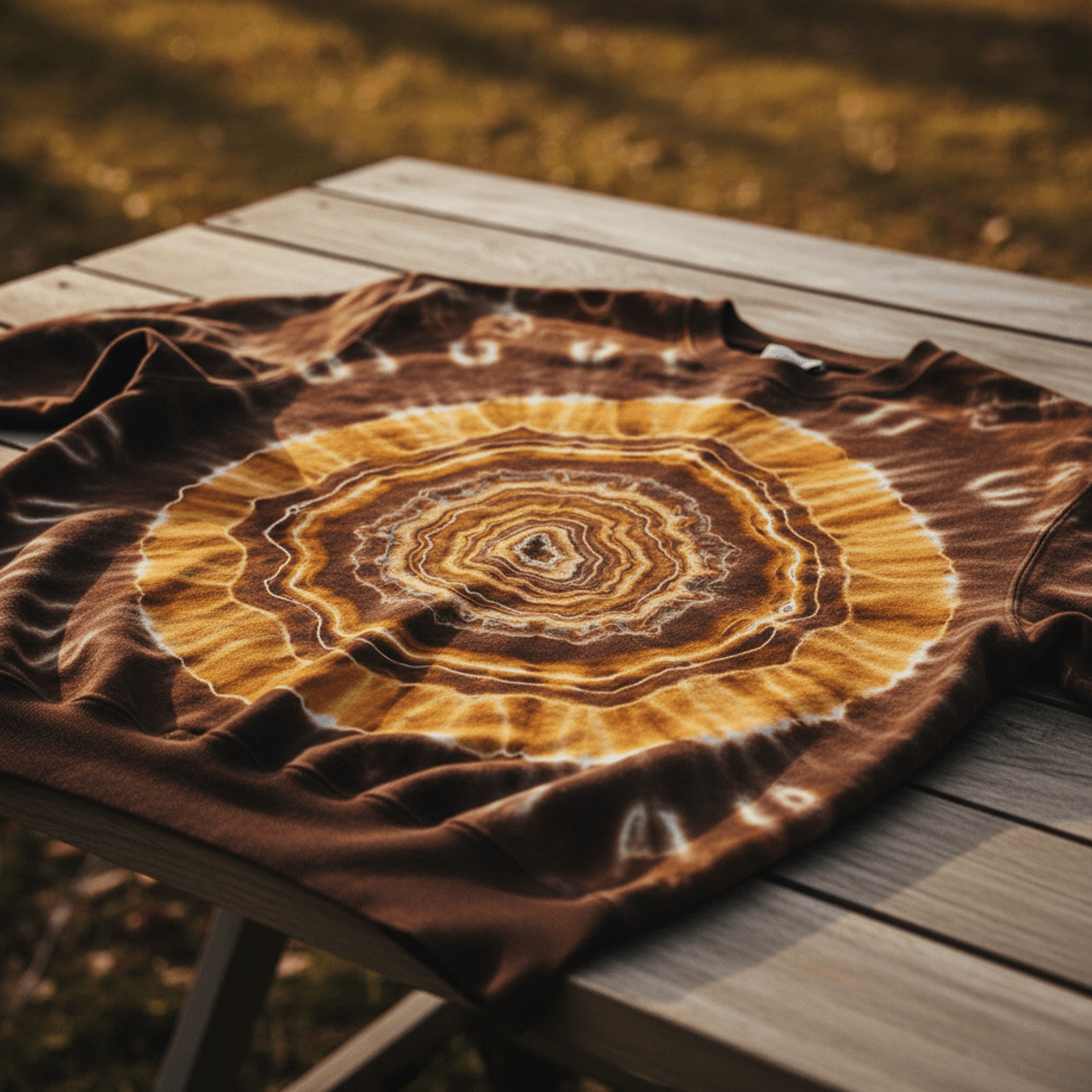 Cozy heavyweight cotton sweatshirt with geode tie-dye in earthy browns and golden ochre.