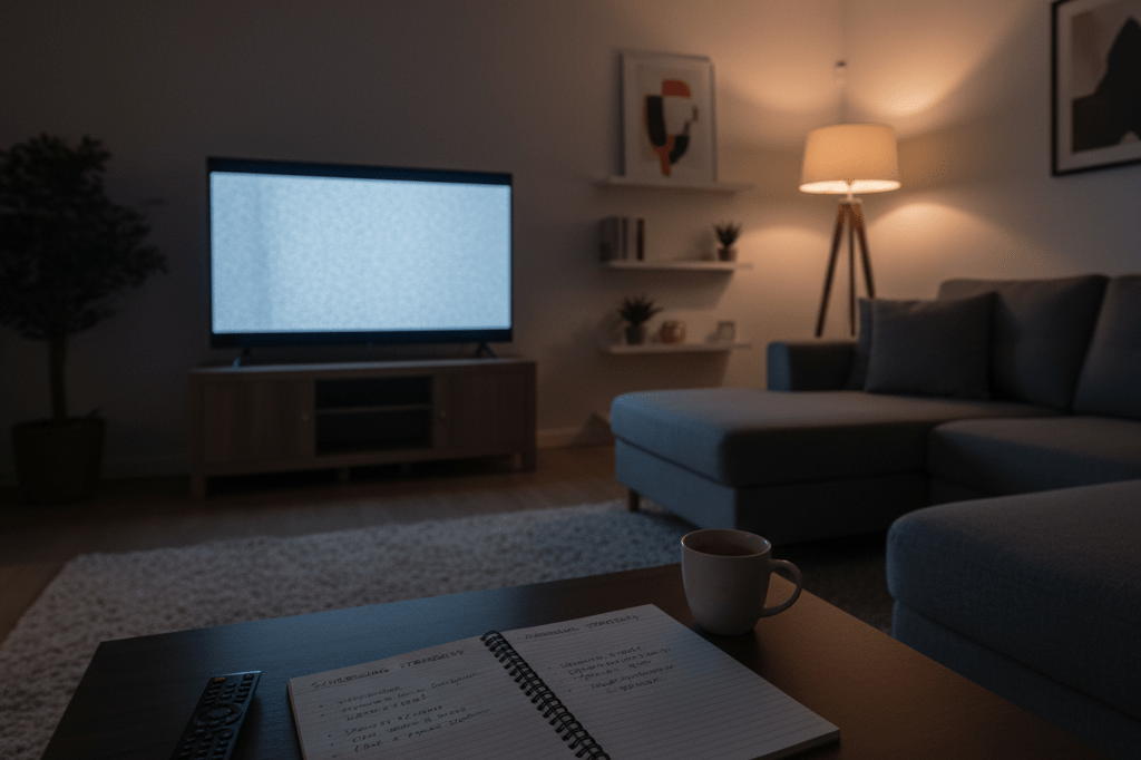 Dimly lit living room with TV showing static and objects hinting at calculated market timing for media releases