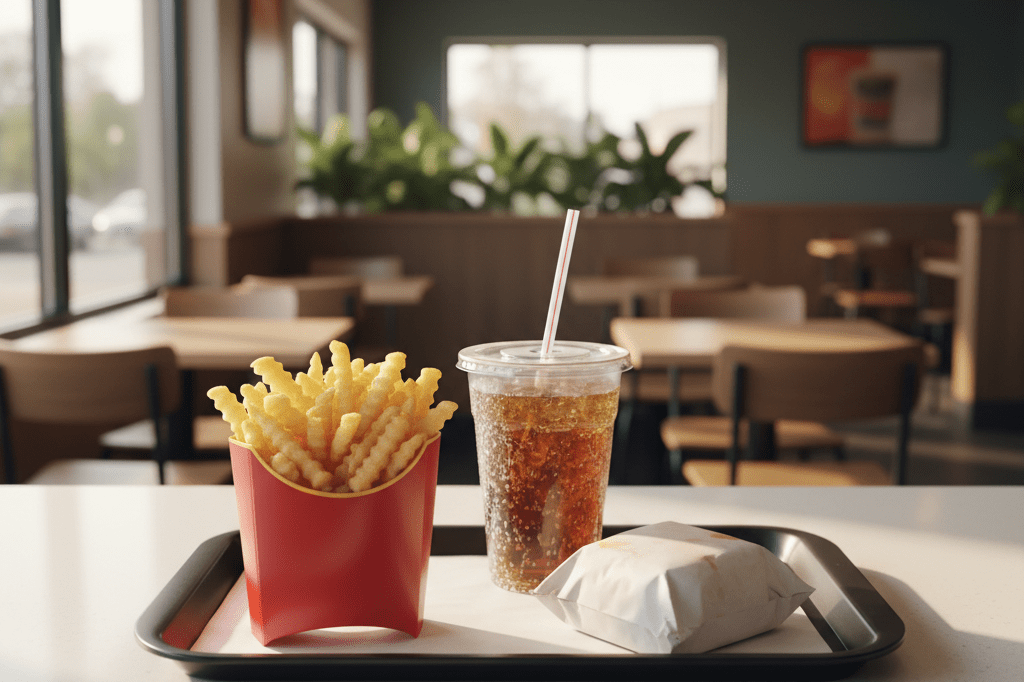 Fast-food counter featuring fries and drink under natural light Neatly arranged tray with fries and beverage at a warmly lit fast-food counter, evoking comfort and simplicity