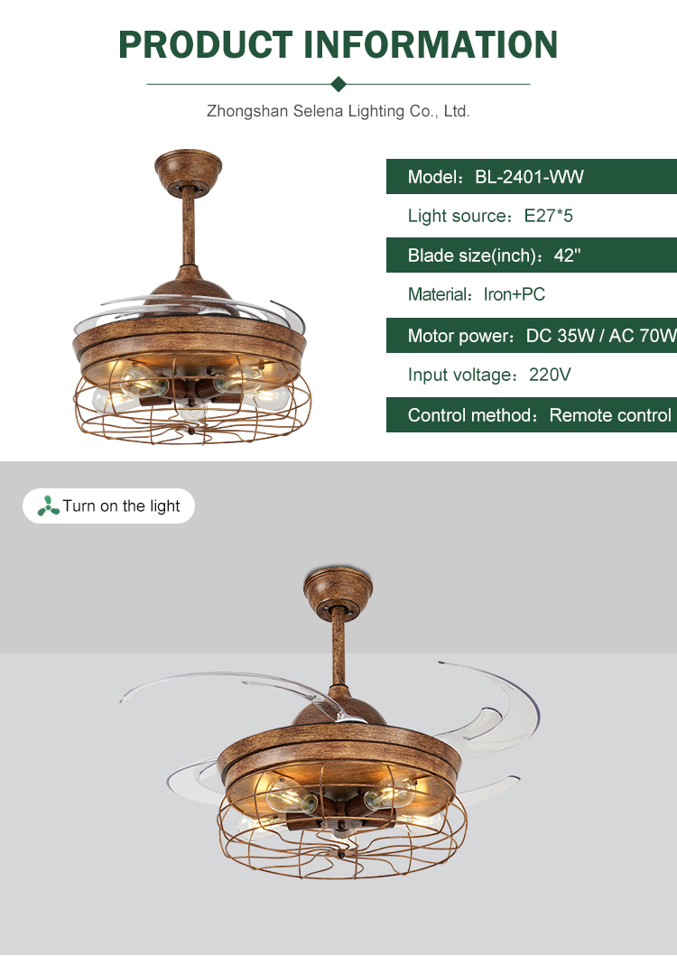 Breezelux energy saving home decoration modern wooden remote control led ceiling fan with lamp