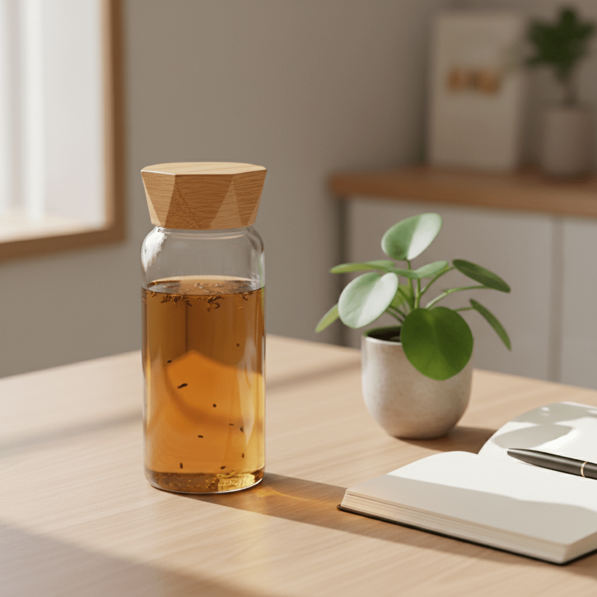 Japandi tea bottle with clear glass and bamboo lid on a light wood desk.