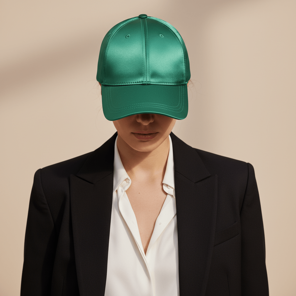 Elegant emerald satin baseball cap paired with a black blazer and white silk blouse.
