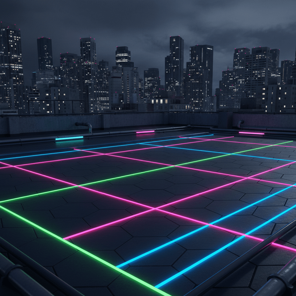 Futuristic sport court with neon grid on urban rooftop at night.