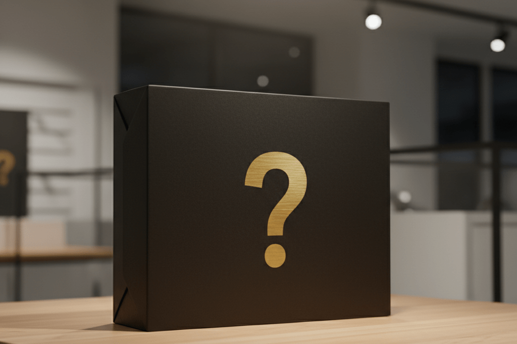 Black wrapped product box with gold question mark under soft light, symbolizing suspense marketing strategy