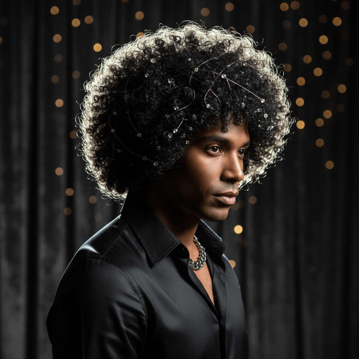 Man with voluminous jeri curl hairstyle adorned with silver strands and crystals.