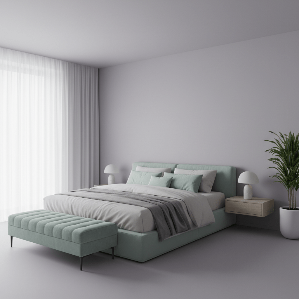Serene minimalist bedroom with hazy lavender-gray walls and cool pale mint accents.