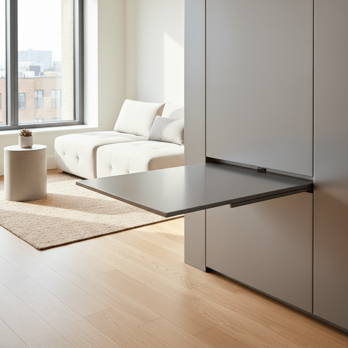 Powder-coated steel wall table deployed in a bright, modern micro-living space.