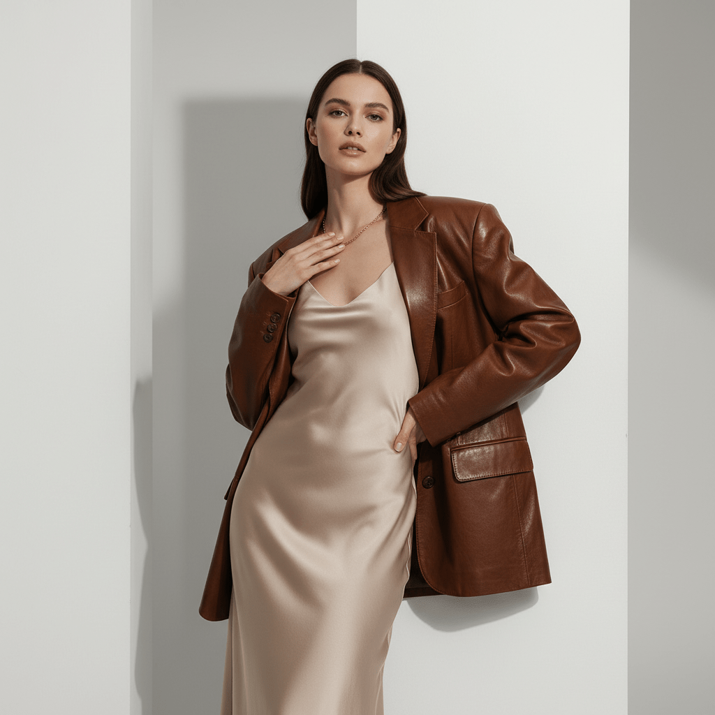 Woman in beige silk slip dress and cognac leather blazer against white studio backdrop.