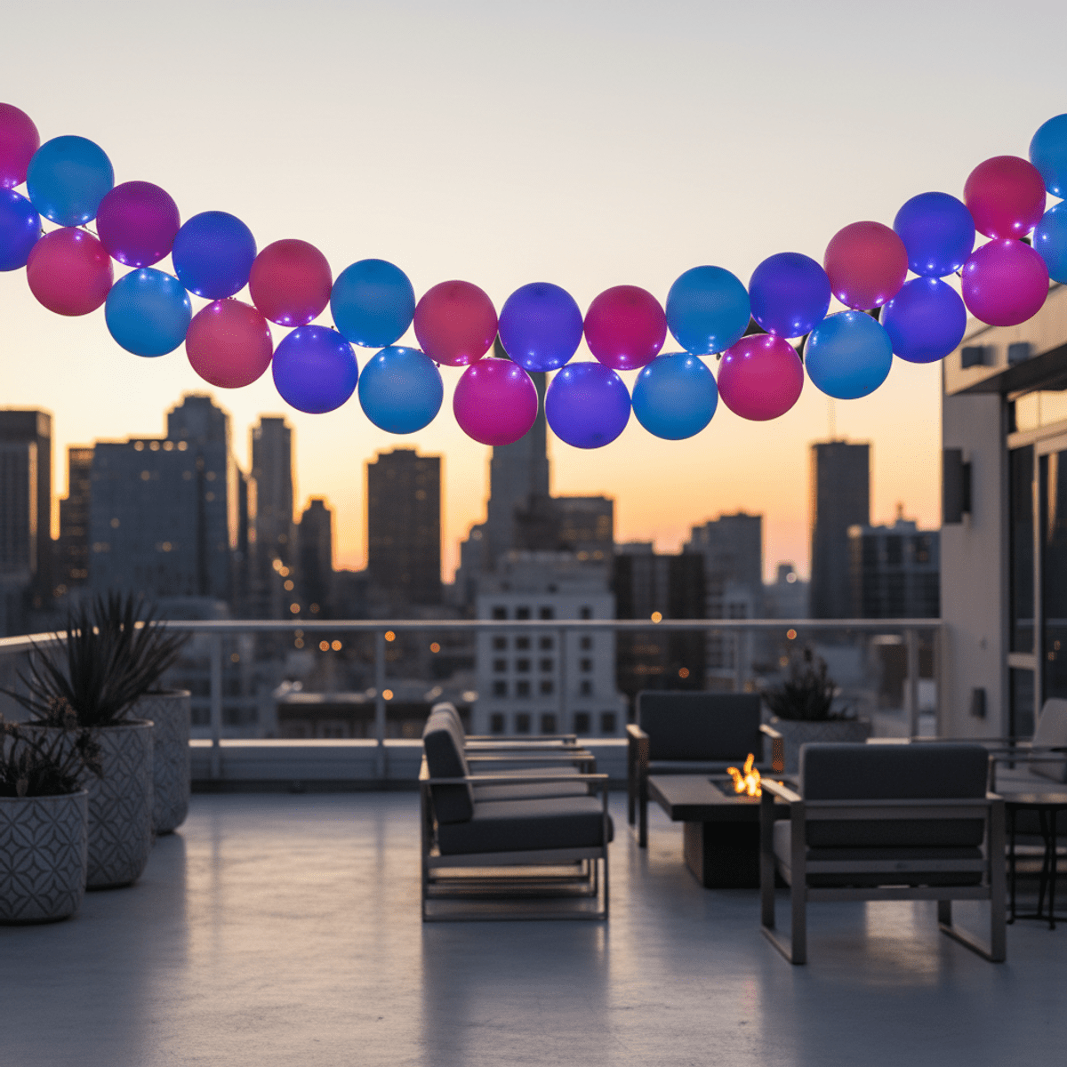 Eco-friendly silicone balloon garland with LEDs illuminates a city skyline at dusk.