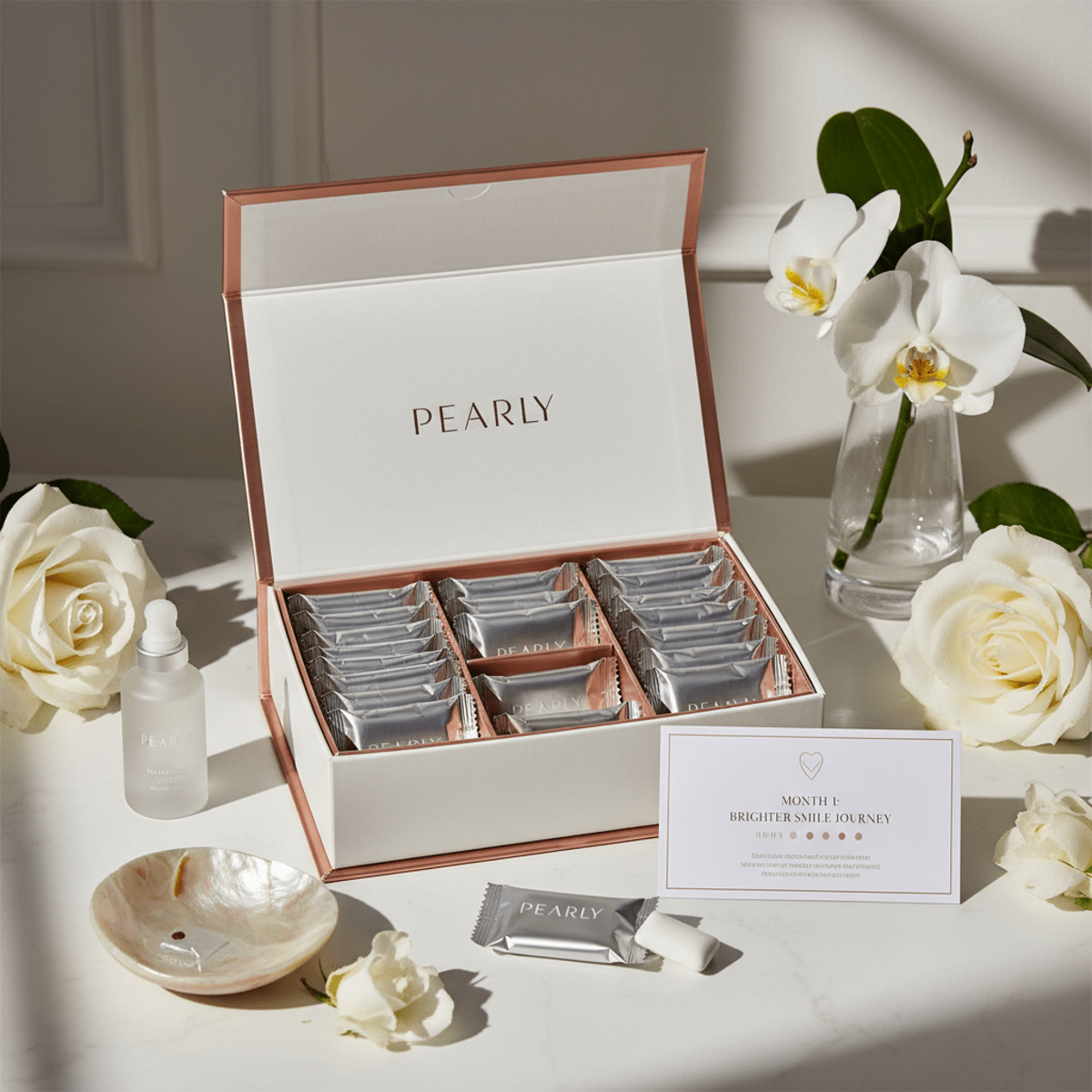 Personalized teeth whitening gum delivery in a premium subscription box.