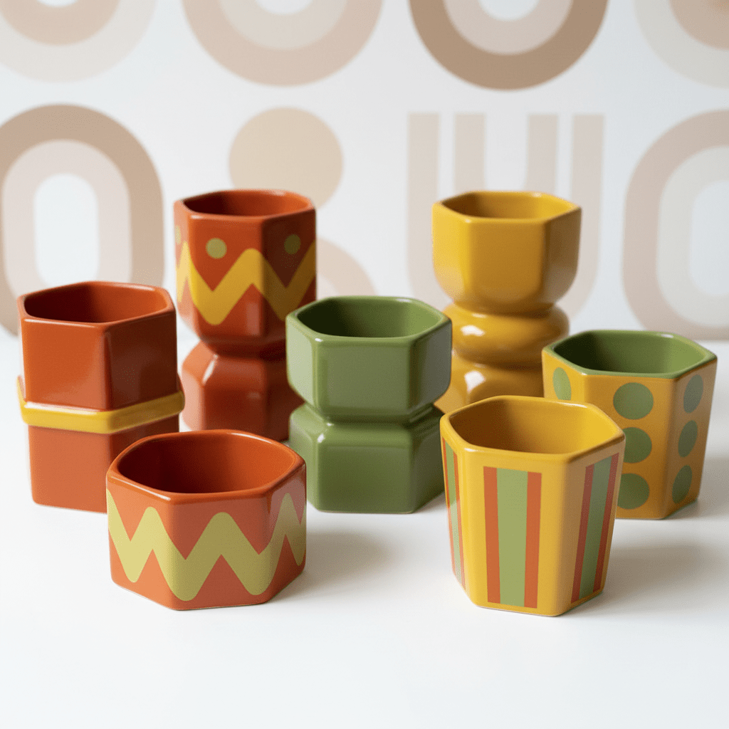 Close-up of colorful mid-century modern snack cups in vivid 70s hues on retro wallpaper.
