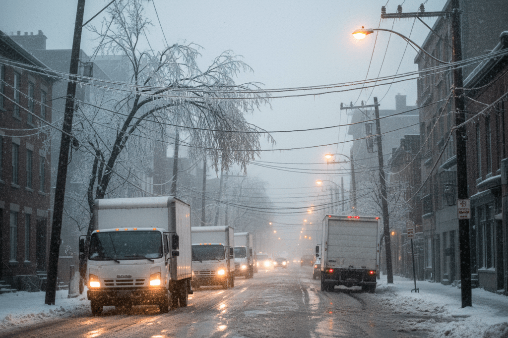Wide view of icy urban road with burdened power lines and delivery vehicles amid harsh winter conditions