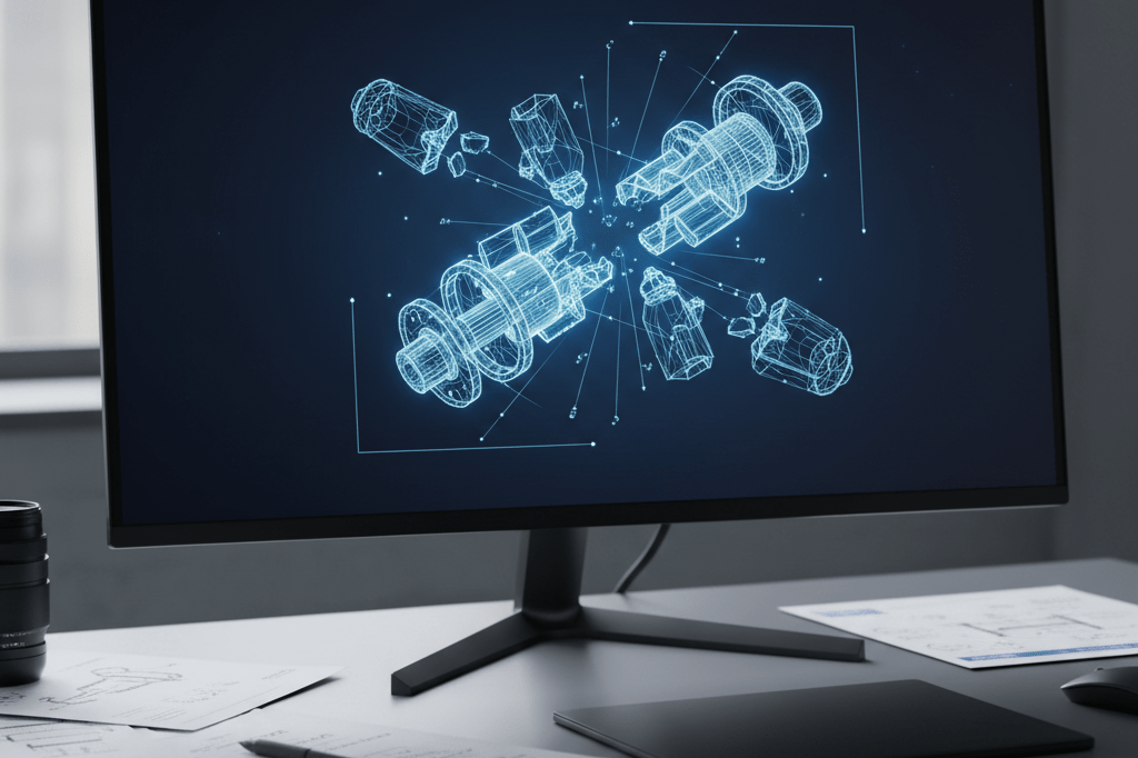 Modern desk with monitor displaying wireframe 3D model of fragmented part being digitally realigned