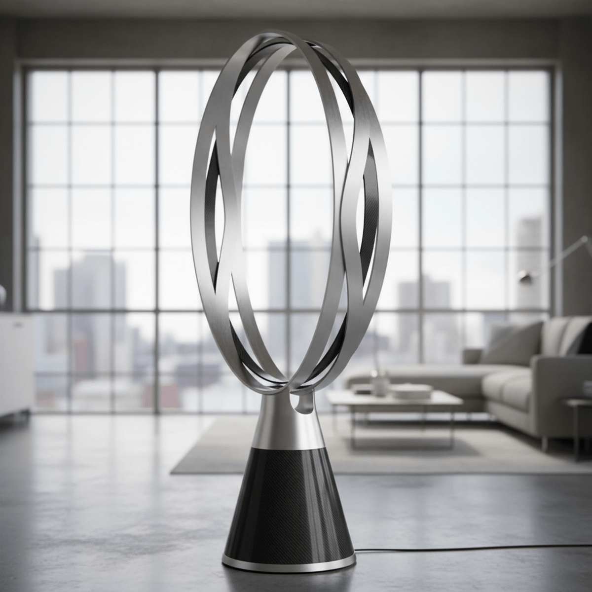 Futuristic bladeless fan sculpture with metallic ribbons in a modern loft.