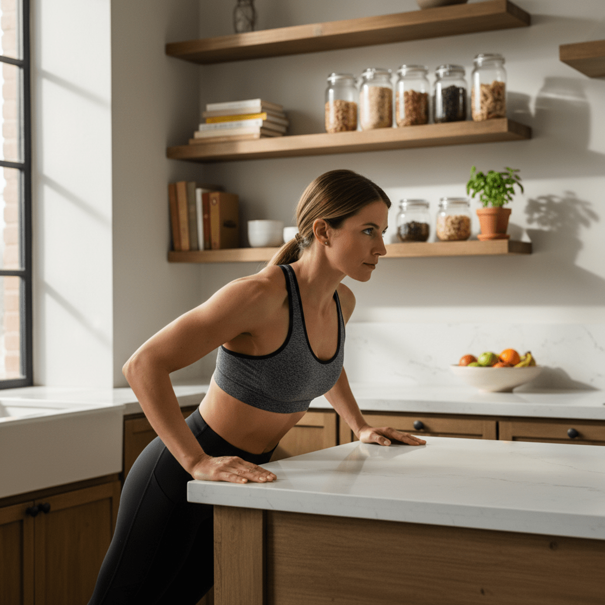 Fit mother doing incline push-ups on a kitchen counter, showing shoulder and arm muscles.