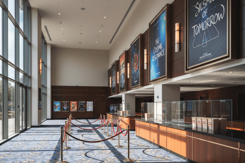 Empty modern cinema lobby with marquee posters and velvet ropes under warm natural light, evoking premium theatrical experience
