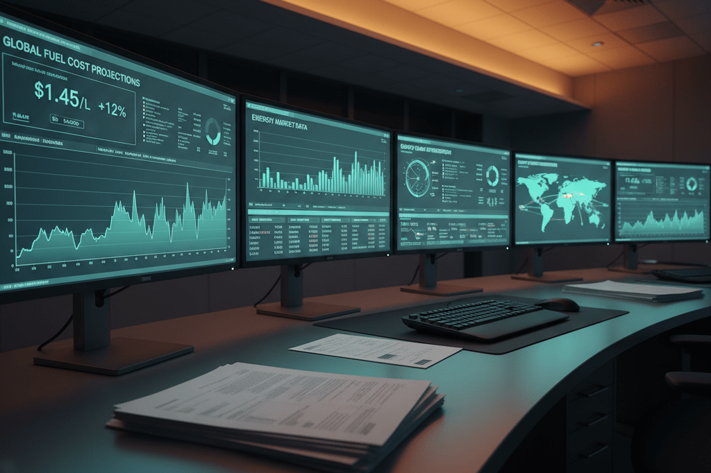 Control room showing monitors with fuel cost projections and energy market visuals under ambient lighting