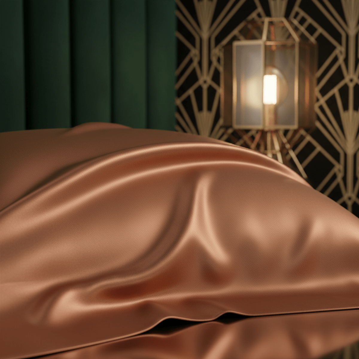 Close-up of a shimmering copper pillowcase in an Art Deco bedroom, with velvet backdrop.