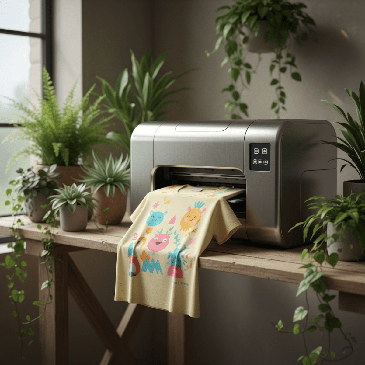 Modern eco-conscious studio shirt printer creating vibrant organic cotton t-shirts.