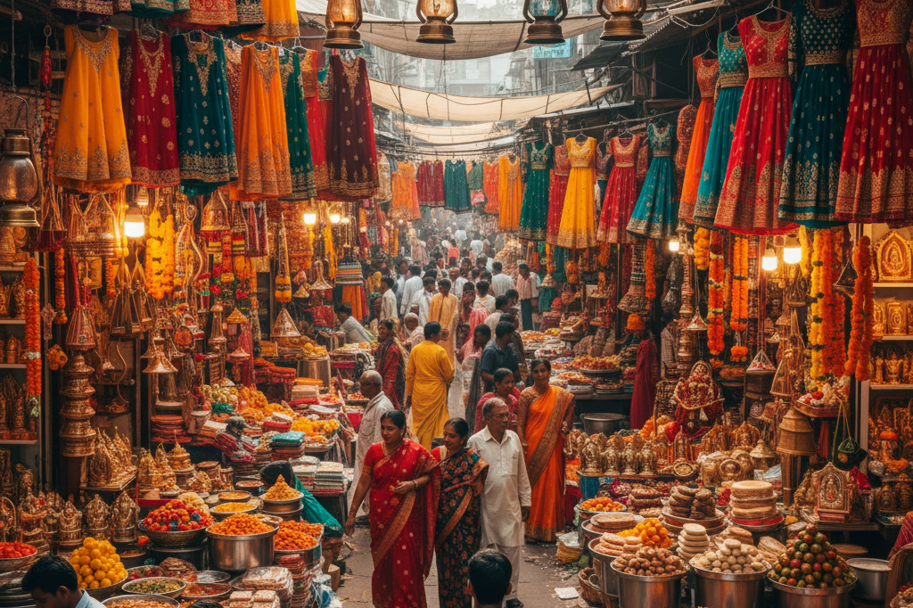 Colorful displays of traditional clothing and festive goods in an Indian market lit by natural and ambient light, showcasing pre-Ram Navami shopping activity