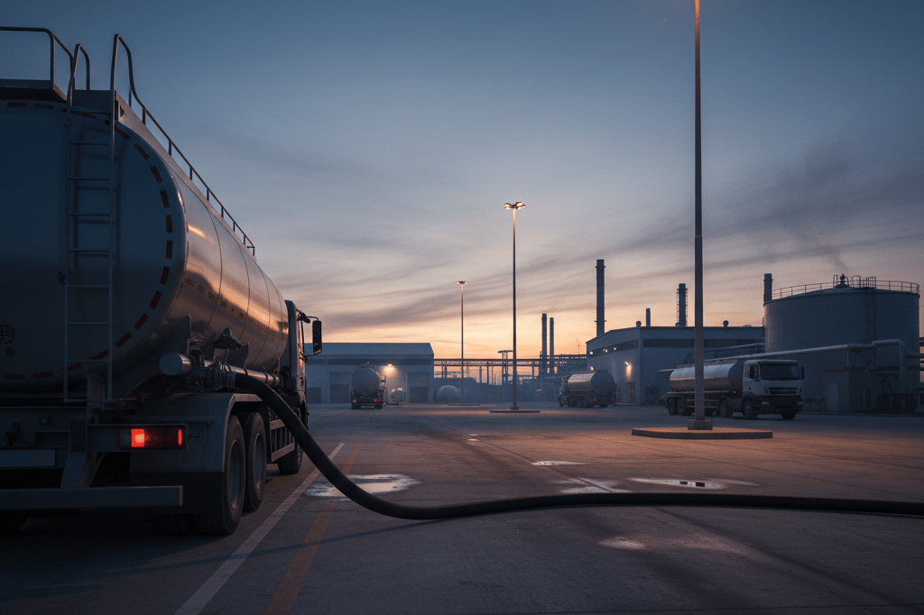 Wide shot of a fuel tanker connected to storage tanks under dusk lighting, reflecting global logistics pressure