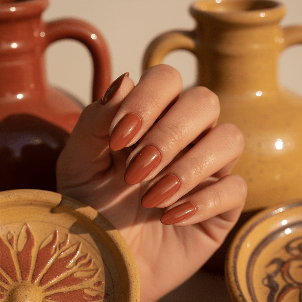 Hand with terracotta clay polish on almond nails, against Mediterranean pottery at golden hour.