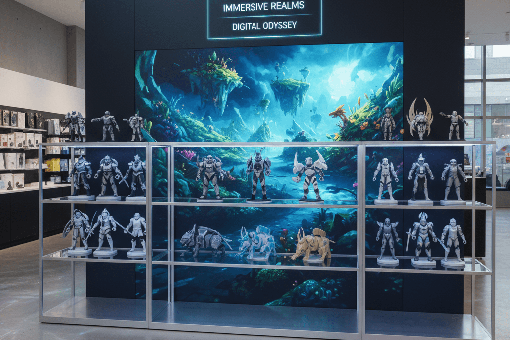 Modern retail shelf with generic VR-themed anime figures and holographic displays under ambient lighting