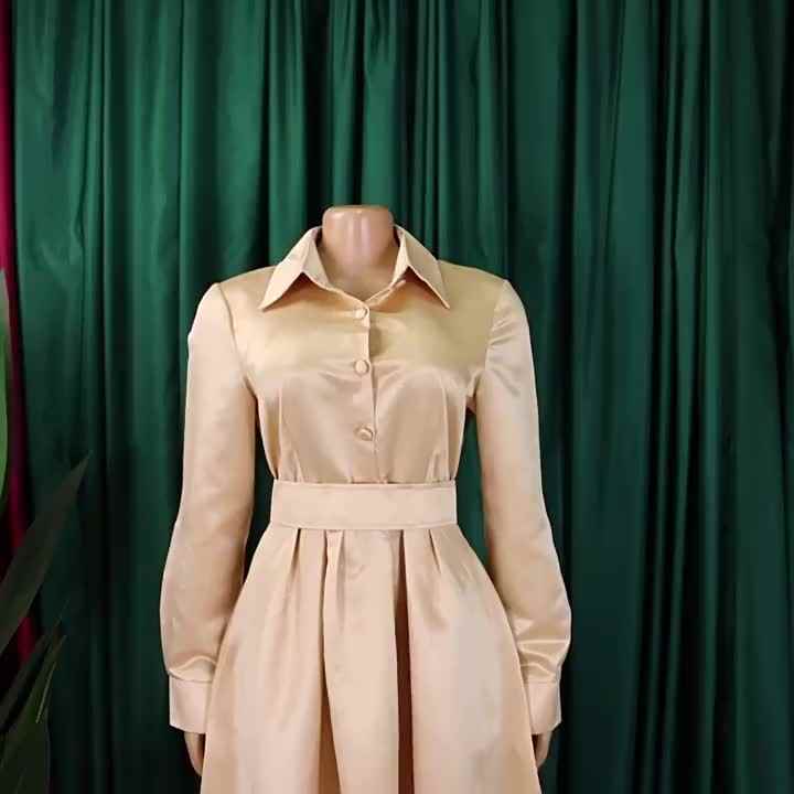 Elegant Formal A-Line Women's Long Sleeve Satin Dress Winter