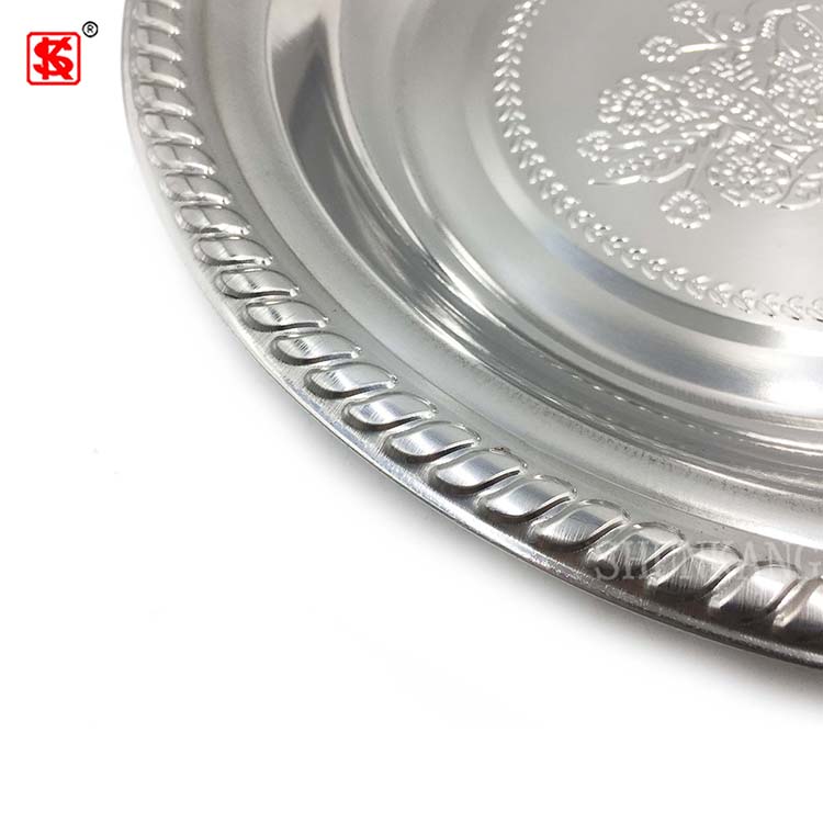 Thailand Style Stainless Steel Serving Plate / Metal Round Serving Dish / Flower Pattern Tray 30cm