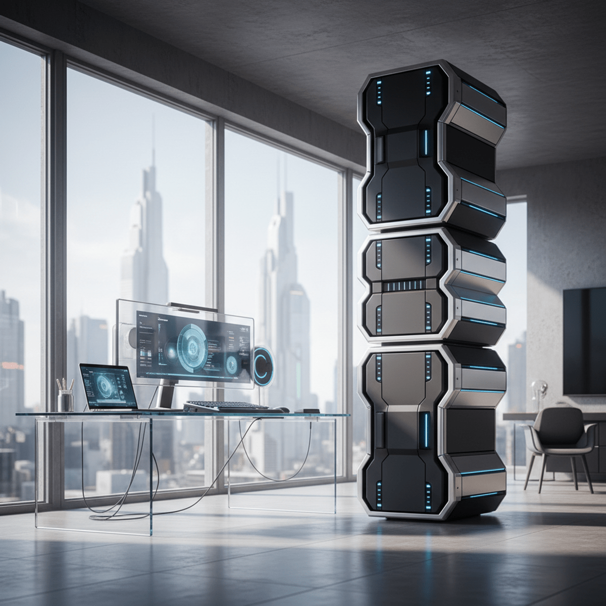 Futuristic stackable UPS tower with matte black and polished aluminum, glowing blue LEDs.