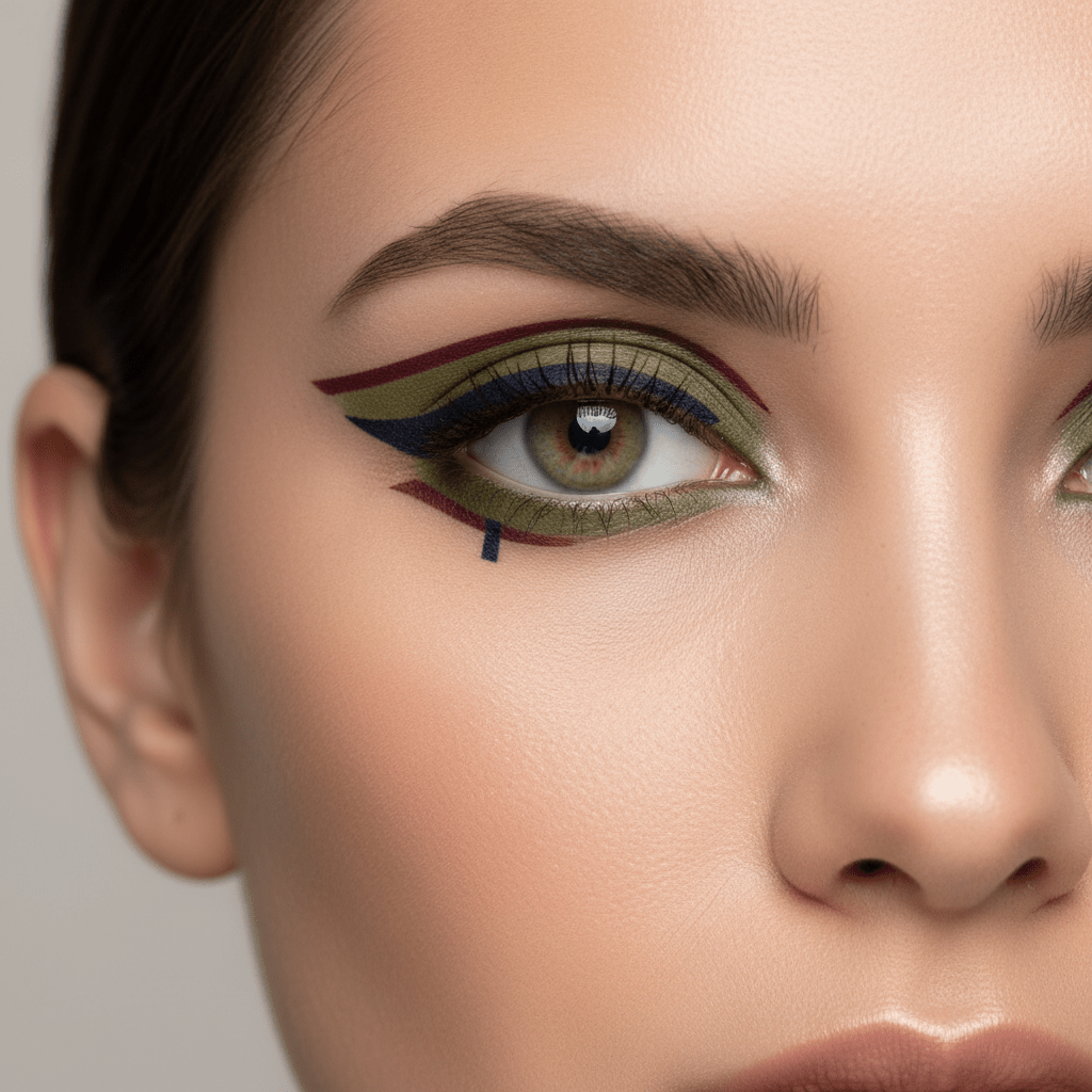 Model with matte eyeliner in olive, burgundy, and navy with sharp geometric lines.