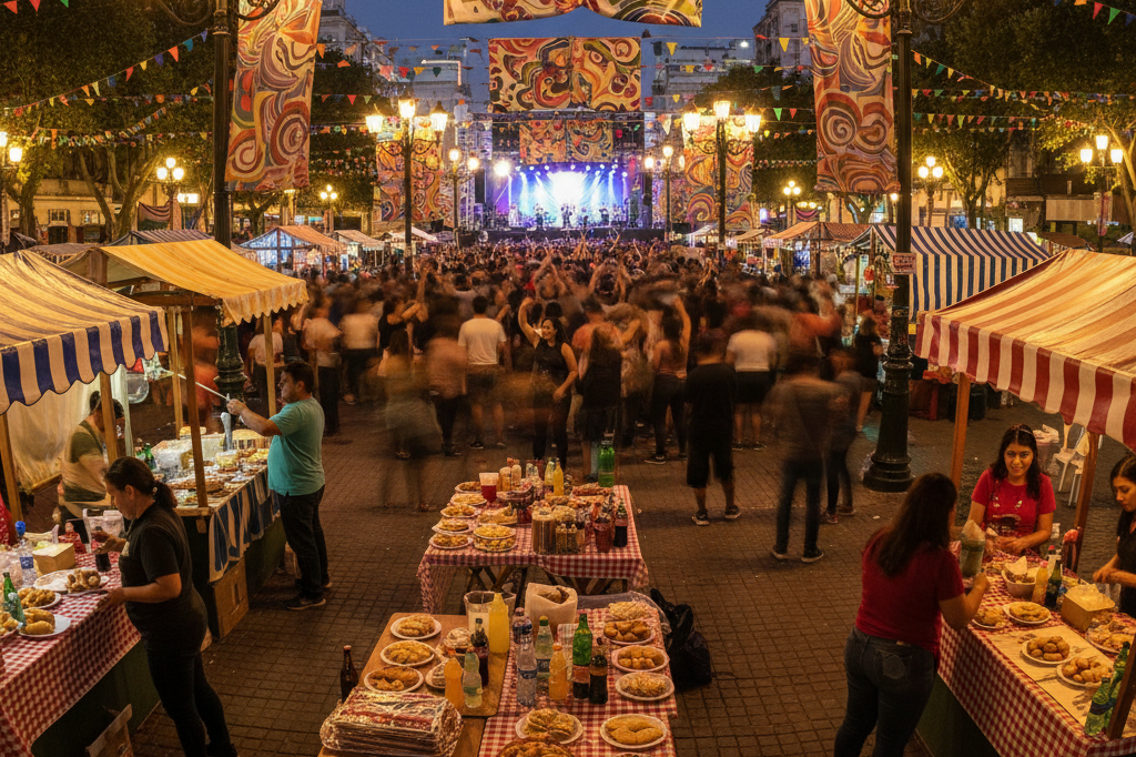 Bustling plaza commerce during Buenos Aires concerts Outdoor plaza with vendors and vibrant activity lit by ambient lights, symbolizing economic impact of large-scale concerts