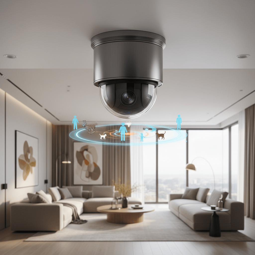 Sleek futuristic security camera mounted on ceiling in modern living room.