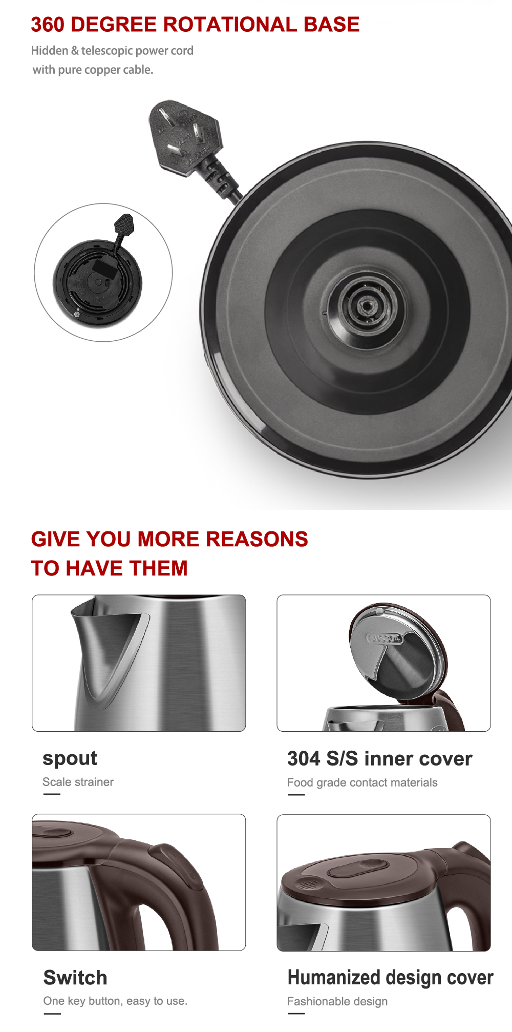 Novel 1.8L Fast Boil Water Stainless Steel 1800W Electrical 304 Electric Kettle 1.8 Liter