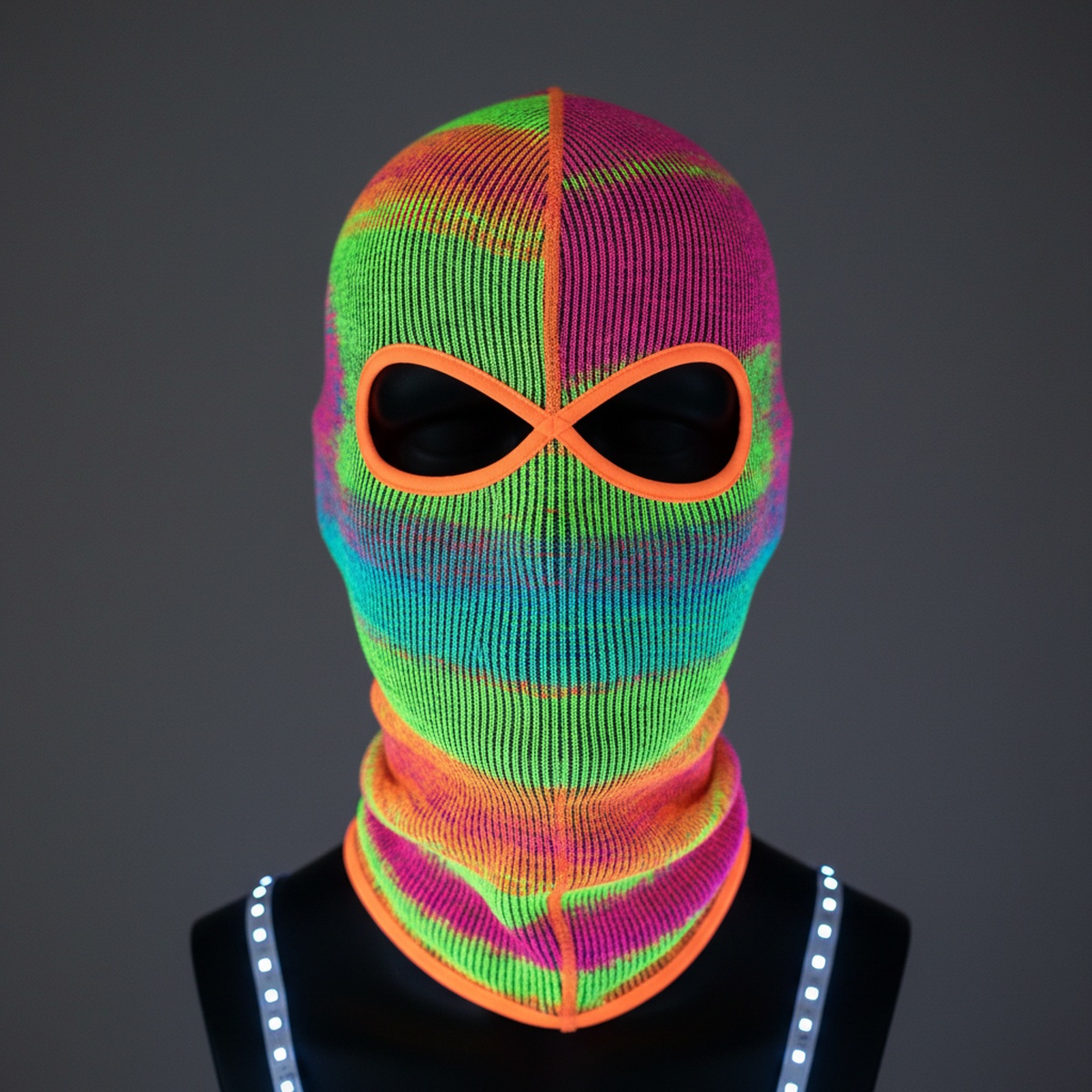 Vibrant neon shiesty mask on a black mannequin head with electric colors.
