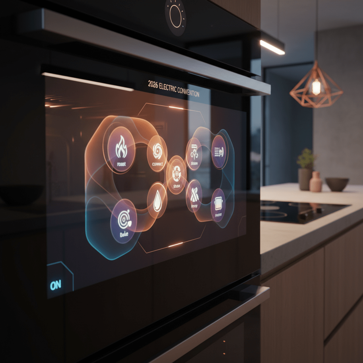 Glowing touchscreen of a futuristic electric convection oven on a sleek black glass surface.