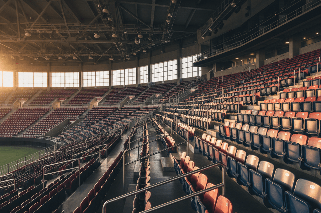 Photorealistic image of an unoccupied arena with reflective railings and soft lighting, symbolizing strategic scarcity