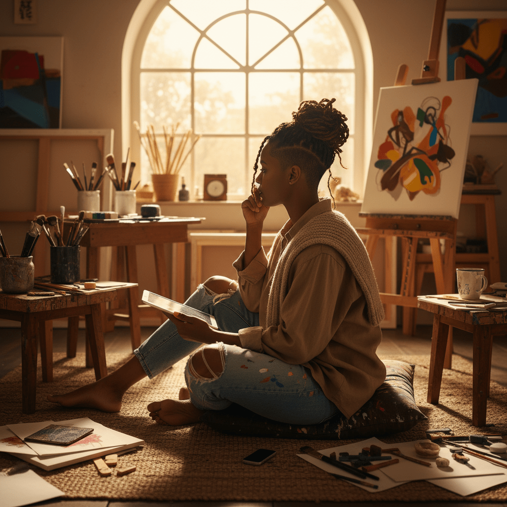 Creative professional with textured top-knot and undercut in sunlit studio.