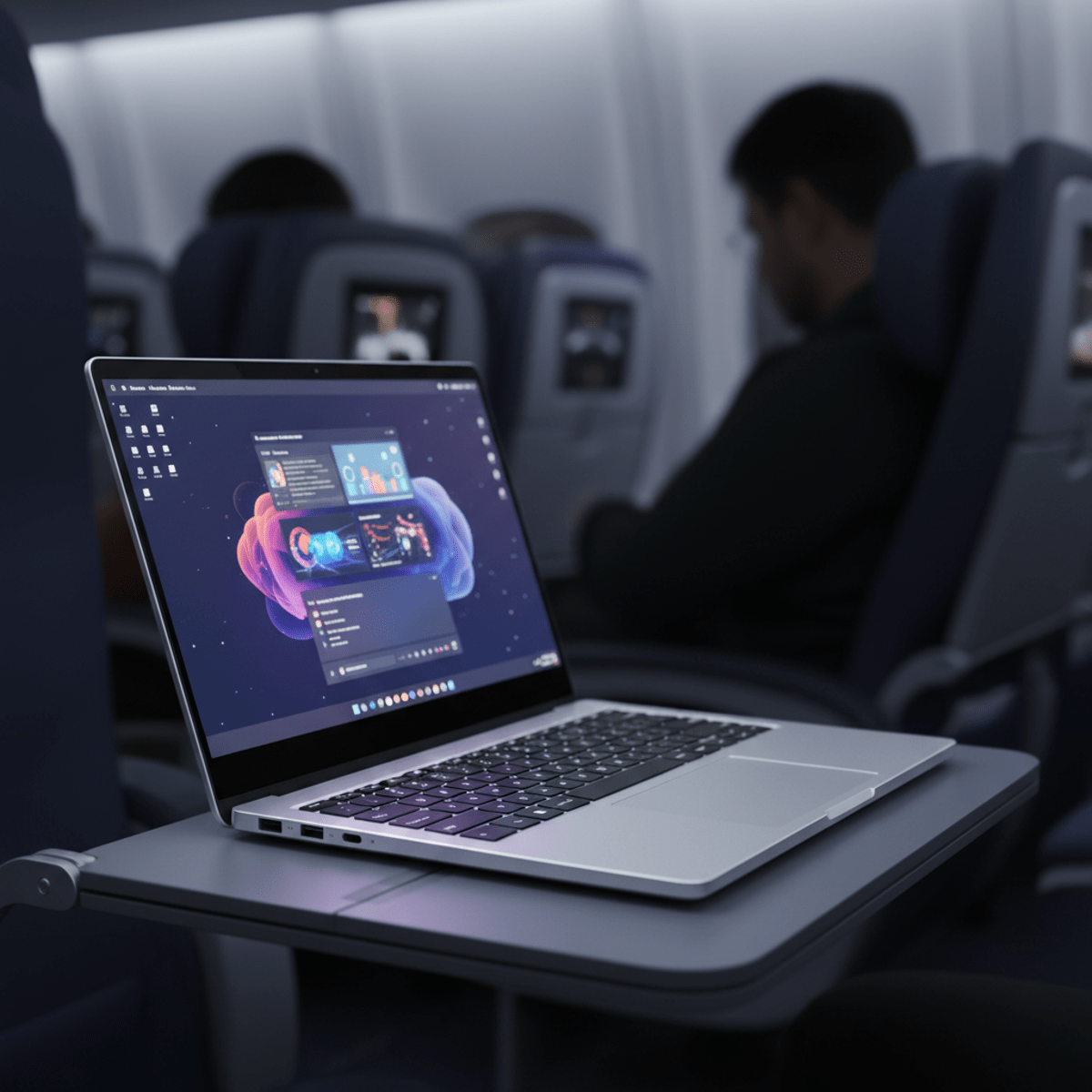 Slim aluminum-alloy laptop open on an airplane tray table with vibrant workspace.